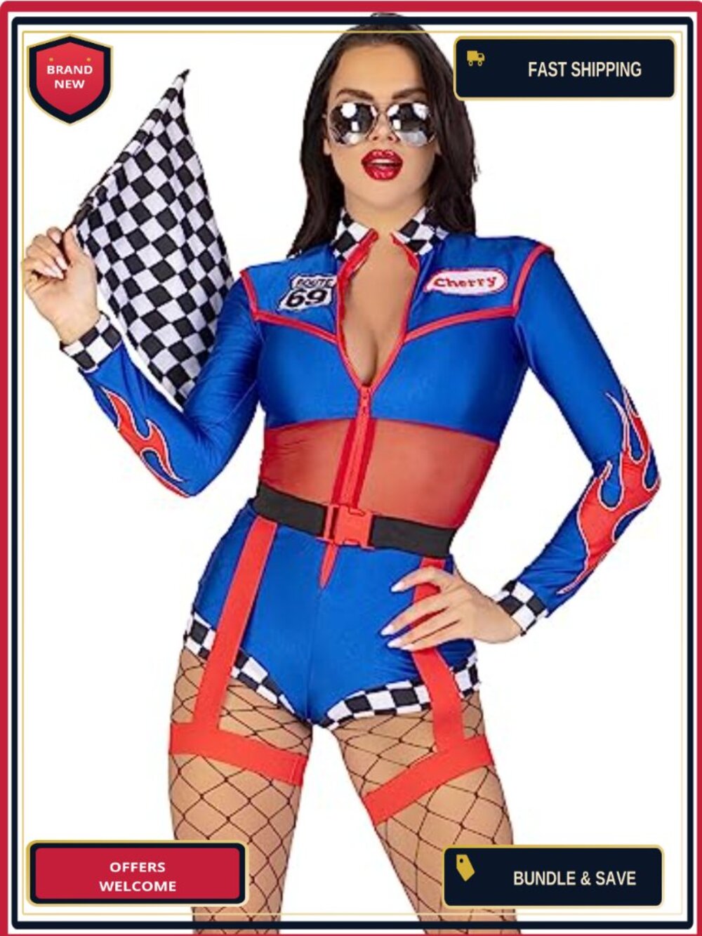 2 PC Cherry Bomb Racer Costume Long Sleeve Zip Romper
